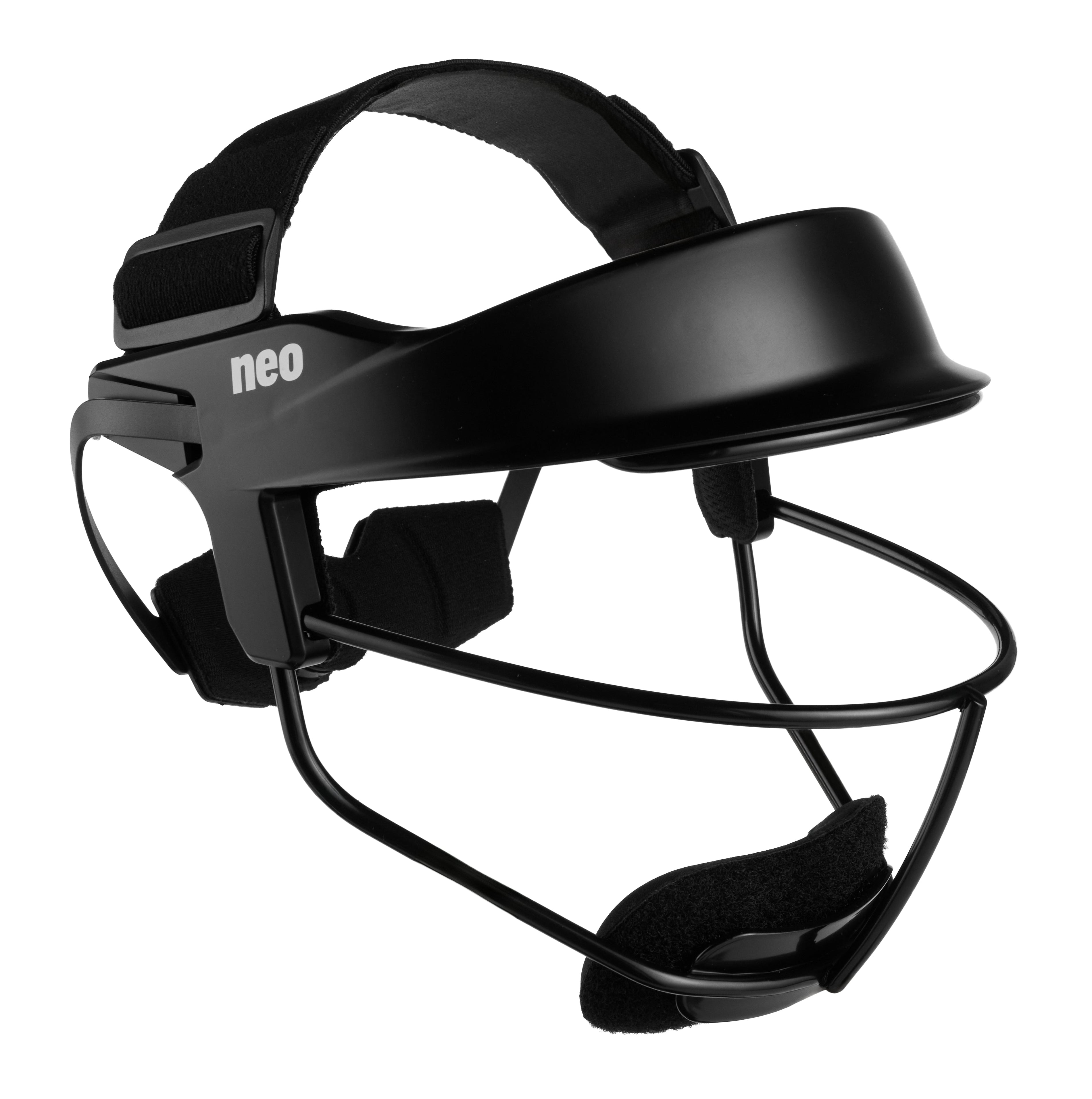 Black face mask with 'neo' branding on a white background