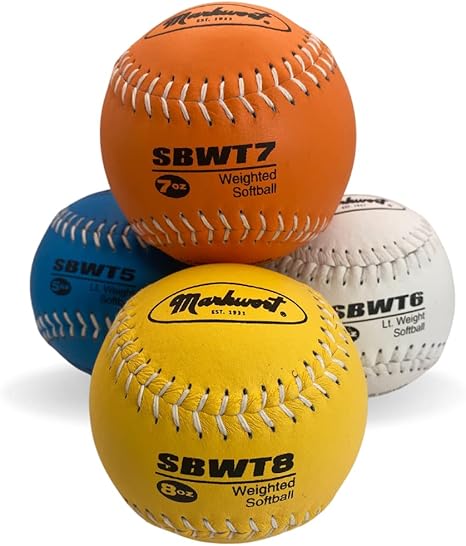 Markwort 12-Inch Weighted Training Softball Set Leather Cover - Set of 4 Balls -5, 6 , 7 and 8 oz