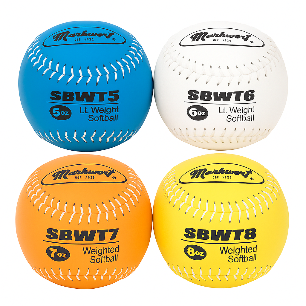 Markwort 12-Inch Weighted Training Softball Set Leather Cover - Set of 4 Balls -5, 6 , 7 and 8 oz