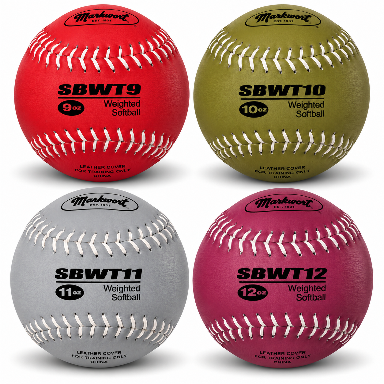 Markwort 12-Inch Weighted Training Softball Set Leather Cover - Set of 4 Balls - 9, 10 , 11 and 12 oz