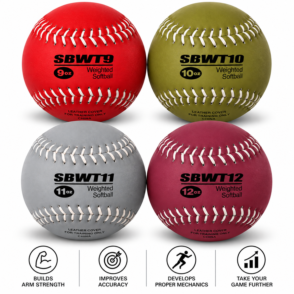 Markwort 12-Inch Weighted Training Softball Set Leather Cover - Set of 4 Balls - 9, 10 , 11 and 12 oz